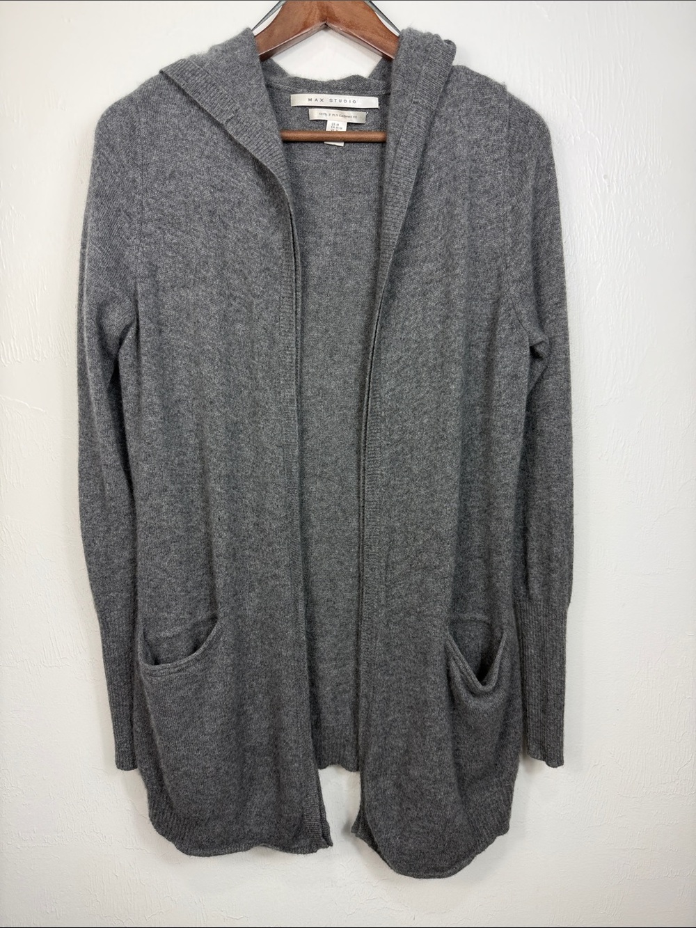 Max Studio 100% Cashmere Hooded Open Front Long Cardigan Sweater Gray M - Picture 2 of 8
